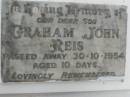 
Graham John REIS,
son,
died 30-10-1954 aged 10 days;
Killarney cemetery, Warwick Shire
