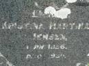 
Knud Wognsgaard JENSEN,
born 1851,
died 1930;
Kristina Martina JENSEN,
born 1856,
died 1930;
Killarney cemetery, Warwick Shire
