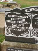 
Dorothy (Dot) Elizabeth Hannah WAGNER,
wife,
died 6 Nov 1994 aged 82 years;
Owen David WAGNER,
husband father,
died 20 Aug 1983 aged 83 years;
Arthur Owen Charles WAGNER,
son,
accidentally killed 8 June 1954 aged 17 years;
Killarney cemetery, Warwick Shire
