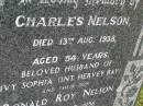 
Charles NELSON,
died 13 Aug 1938 aged 54 years,
husband of Ivy Sophia (interred Hervey Bay);
Ronald Roy NELSON,
son,
died 16 Sept 1956 aged 29 years;
Killarney cemetery, Warwick Shire
