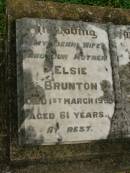 
Elsie BRUNTON,
wife mother,
died 1 March 1955 aged 61 years;
Killarney cemetery, Warwick Shire
