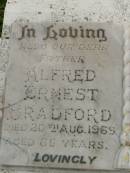 
Alfred Ernest BRADFORD,
father,
died 20 Aug 1969 aged 85 years;
Nellie Maude BRADFORD,
wife mother,
died 12 July 1964 aged 81 years;
A.R. BRADFORD,
killed in action Buna 18-12-42,
1913 - 1942;
Killarney cemetery, Warwick Shire
