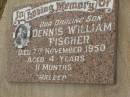 
Dennis William FISCHER,
son,
died 7 Nov 1950 aged 4 years 11 months;
Killarney cemetery, Warwick Shire
