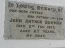 
John Arthur BOWMAN,
father father-in-law,
died 9 Feb 1963 aged 67 years;
Killarney cemetery, Warwick Shire
