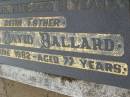 
Ellen Mary BALLARD,
wife mother,
died 27 April 1970 aged 61 years;
Stephen David BALLARD,
father,
died 15 June 1982 aged 77 years;
Killarney cemetery, Warwick Shire
