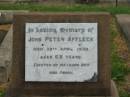 
John Edward AFFLECK,
brother,
born 7 May 1891,
died 13 Aug 1952;
John Peter AFFLECK,
died 30 April 1930 aged 68 years,
erected by wife & family;
Clyde Edgar AFFLECK,
born 17 May 1858,
died 27 Oct 1918 Sierra Leone;
Sideny Francis AFFLECK,
born 11 May 1890,
died Oct 1890;
Euphemia Smith AFFLECK,
mother,
born 31 July 1869,
died 23 April 1958?;
Killarney cemetery, Warwick Shire

