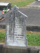 
James HILDRED,
husband,
died 26 March 1911 aged 52 years;
Sarah Ann BRUMBY,
died 16 June 1943 aged 77 years;
Killarney cemetery, Warwick Shire
