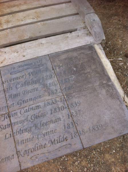 Henry (governor) WALLEN b: 1794 d:1856  | Jerimah CALNAN b: 1797 d: 1837  | Lucy Ann BEARE b: 1803 d: 1837  | Harriet GRANGER b: 1822 d: 1862  | John CALNAN b: 1823 d: 1853  | Samuel GILES b: 1830 d: 1839  | Liebling KLEEMAN d: 1837  | Annie LYNNE d: 1838  | Emma Karoline MILDE b: 1838 d: 1839  |   | Kingscote historic cemetery - Reeves Point, Kangaroo Island, South Australia  |   | 