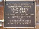
Edweena Anna MCQUEEN (nee LEIS),
mother,
21 Sept 1957 - 10 Dec 2005;
Lawnton cemetery, Pine Rivers Shire
