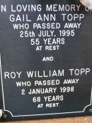 
Gail Ann TOPP,
died 25 July 1995 aged 55 years;
Roy William TOPP,
died 2 Jan 1998 aged 68 years;
Lawnton cemetery, Pine Rivers Shire
