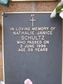 
Nathalie Janice SCHULTZ,
died 3 June 1996 aged 59 years;
Lawnton cemetery, Pine Rivers Shire
