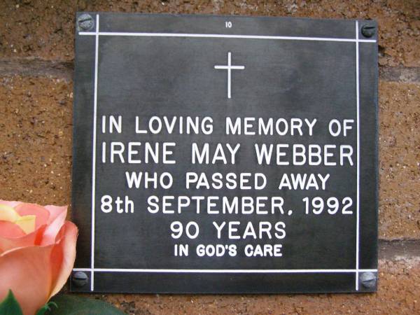 Irene May WEBBER,  | died 8 Sept 1992 aged 90 years;  | Lawnton cemetery, Pine Rivers Shire  | 