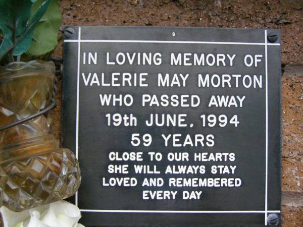Valerie May MORTON,  | died 19 June 1994 aged 59 years;  | Lawnton cemetery, Pine Rivers Shire  | 