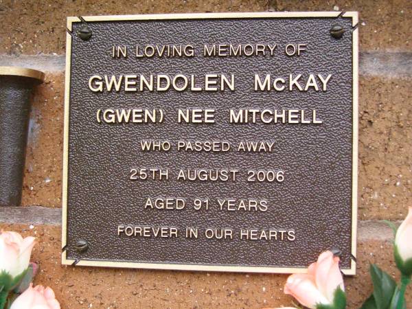 Gwendolen (Gwen) MCKAY (nee MITCHELL),  | died 25 Aug 2006 aged 91 years;  | Lawnton cemetery, Pine Rivers Shire  | 