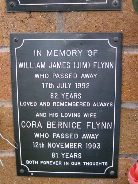 William James (Jim) FLYNN,  | died 17 July 1992 aged 82 years;  | Cora Bernice FLYNN,  | wife,  | died 12 Nov 1993 aged 81 years;  | Lawnton cemetery, Pine Rivers Shire  | 