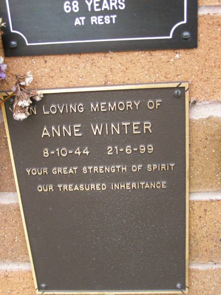Anne WINTER,  | 8-10-44 - 21-6-99;  | Lawnton cemetery, Pine Rivers Shire  | 