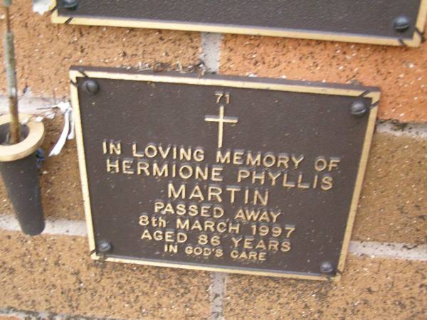 Hermione Phyllis MARTIN,  | died 8 March 1997 aged 86 years;  | Lawnton cemetery, Pine Rivers Shire  | 