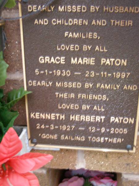 Grace Marie PATON,  | 5-1-1930 - 23-11-1997;  | Kenneth Herbert PATON,  | 24-3-1927 - 12-9-2005;  | Lawnton cemetery, Pine Rivers Shire  | 