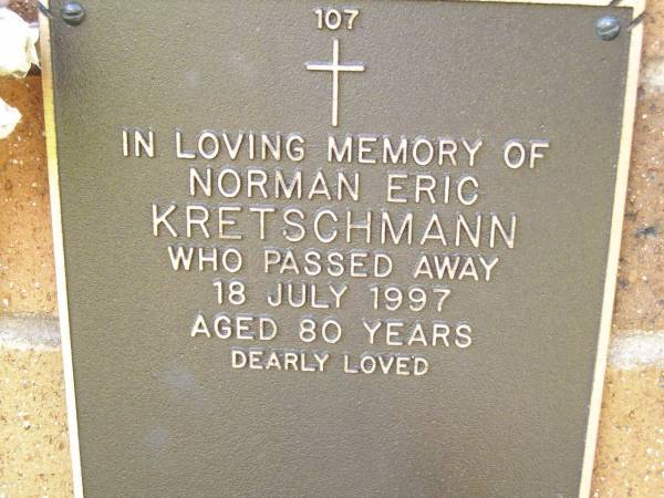 Norman Eric KRETSCHMANN,  | died 18 July 1997 aged 80 years;  | Lawnton cemetery, Pine Rivers Shire  | 