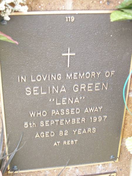 Selina (Lena) GREEN,  | died 5 Sept 1997 aged 82 years;  | Lawnton cemetery, Pine Rivers Shire  | 