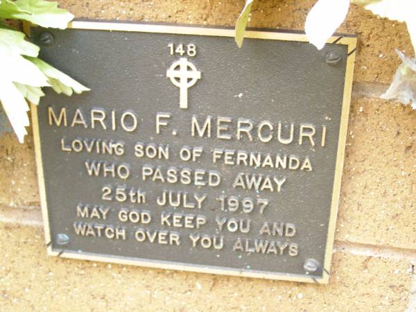 Mario F. MERCURI,  | son of Fernanda,  | died 25 July 1997;  | Lawnton cemetery, Pine Rivers Shire  | 