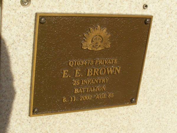 E.E. BROWN,  | died 6-11-2002 aged 85 years;  | Lawnton cemetery, Pine Rivers Shire  | 