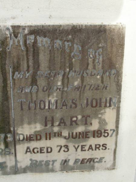 Pauline HART,  | mother,  | died 6 May 1973 aged 88 years;  | Thomas John HART,  | husband father,  | died 11 June 1957 aged 73 years;  | Lawnton cemetery, Pine Rivers Shire  | 