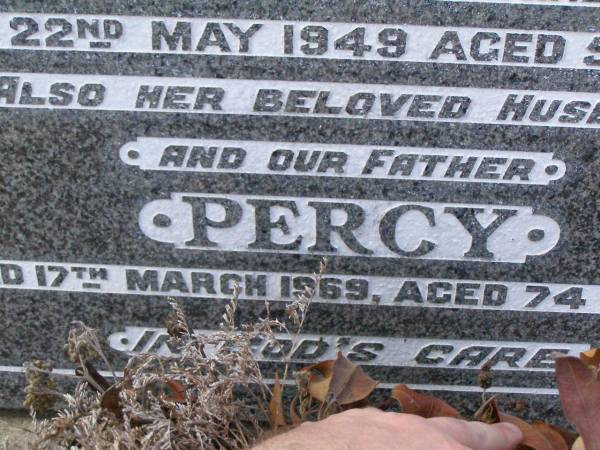 Lily,  | wife of Percy BLATCHFORD,  | died 22 May 1949 aged 53 years;  | Percy,  | died 17 March 1969 aged 74 years;  | Lawnton cemetery, Pine Rivers Shire  | 