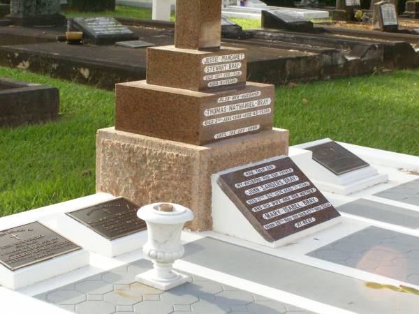 Jessie Margaret Stewart BRAY,  | died 20 Feb 1938 aged 61 years;  | Thomas Nathaniel BRAY,  | husband,  | died 3 June 1949 aged 83 years;  | John Sanders BRAY,  | son husband father,  | died 17 Oct 1974 aged 71 years;  | Mary Isabel BRAY,  | wife mother,  | born 29 Nov 1911,  | died 27 Nov 2004;  | Jessie Edith PETHERICK (nee BRAY),  | 2 Feb 1912 - 12 April 1995;  | Hugh Richard Reginald PETHERICK,  | husband,  | 11 Oct 1904 - 19 Sept 2002;  | William Stewart BRAY,  | 3 Oct 1904 - 10 Sept 2002;  | Dorothy May BRAY,  | wife,  | 13 May 1907 - 15 April 2004;  | Ronald Shirley BRAY,  | 17-4-1933 - 9-1-2000,  | husband of Kirsten,  | son of Victor & Lily BRAY (nee MCCULLAGH(,  | father grandather great-grandfather brother uncle,  | farmer of Kallangur;  | Lawnton cemetery, Pine Rivers Shire  | 
