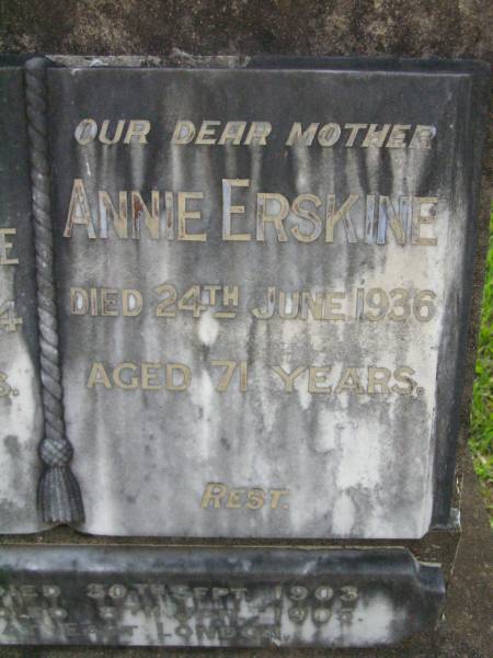 Edward S. ERSKINE,  | father,  | died 9 Jan 1934 aged 69 years;  | Annie ERSKINE,  | mother,  | died 24 June 1936 aged 71 years;  | Annie,  | died 30 Sept 1903;  | Ivay died 8 Jan 1905,  | buried East London;  | Lawnton cemetery, Pine Rivers Shire  | 