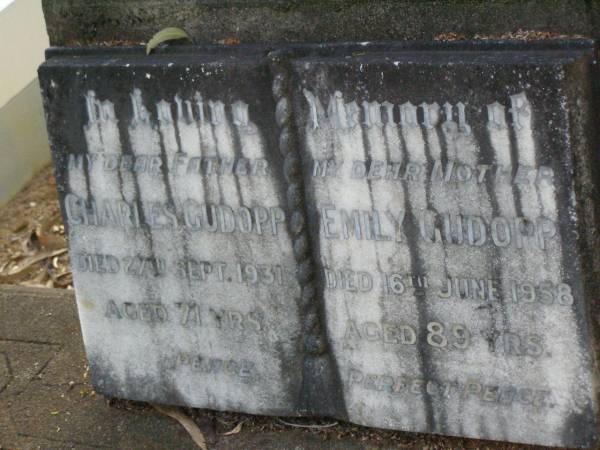Charles GUDOPP,  | father,  | died 27 Sept 1931 aged 71 years;  | Emily GUDOPP,  | mother,  | died 16 June 1958 aged 89 years;  | Lawnton cemetery, Pine Rivers Shire  | 
