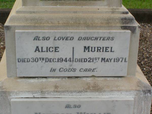 Margaret Amelia WYLLIE,  | wife mother,  | died 18 June 1921 aged 62 years;  | Alexander Jackson WYLLIE,  | father,  | died 4 May 1934 aged 79 years;  | Alice,  | daughter,  | died 30 Dec 1944;  | Muriel,  | daughter,  | died 21 May 1971;  | Norman WYLLIE,  | died 15 March 1976,  | cremated 17 March 1976;  | Lawnton cemetery, Pine Rivers Shire  | 