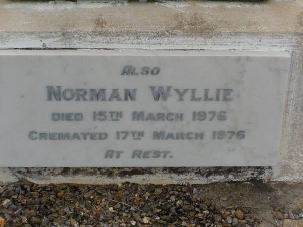 Margaret Amelia WYLLIE,  | wife mother,  | died 18 June 1921 aged 62 years;  | Alexander Jackson WYLLIE,  | father,  | died 4 May 1934 aged 79 years;  | Alice,  | daughter,  | died 30 Dec 1944;  | Muriel,  | daughter,  | died 21 May 1971;  | Norman WYLLIE,  | died 15 March 1976,  | cremated 17 March 1976;  | Lawnton cemetery, Pine Rivers Shire  | 