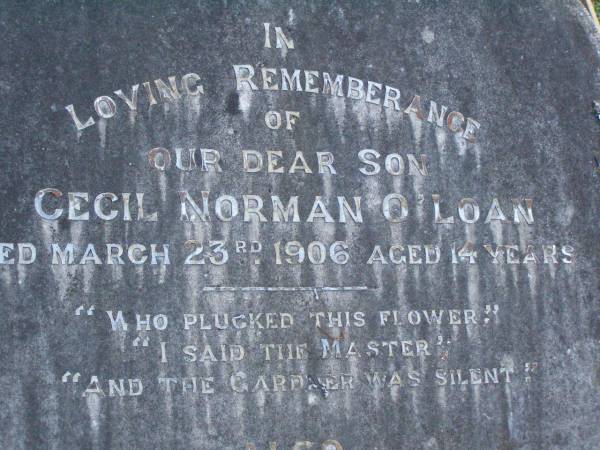 Cecil Norman O'LOAN,  | son,  | died 23 March 1906 aged 14 years;  | Hugh O'LOAN,  | husband of Janet O'LOAN.  | died 29 Oct 1914 aged 76 years;  | Arthur,  | son,  | died 24 May 1936 aged 50 years;  | Janet O'LOAN,  | wife of Hugh O'LOAN,  | died 7 June 1940 aged 87 years;  | Lawnton cemetery, Pine Rivers Shire  | 