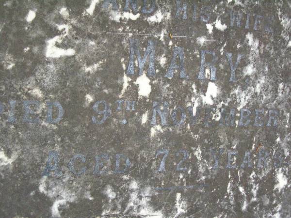 parents;  | James MCCULLAGH,  | died 3 Nov 1910 aged 68 years;  | Mary,  | wife,  | died 9 Nov 1910 aged 72 years;  | migrated from Ireland 1864,  | settled in Narangba,  | restored by descendants 1997;  | Lawnton cemetery, Pine Rivers Shire  | 