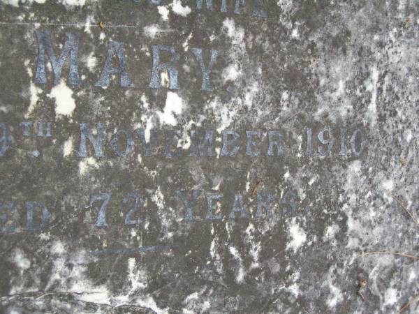 parents;  | James MCCULLAGH,  | died 3 Nov 1910 aged 68 years;  | Mary,  | wife,  | died 9 Nov 1910 aged 72 years;  | migrated from Ireland 1864,  | settled in Narangba,  | restored by descendants 1997;  | Lawnton cemetery, Pine Rivers Shire  | 