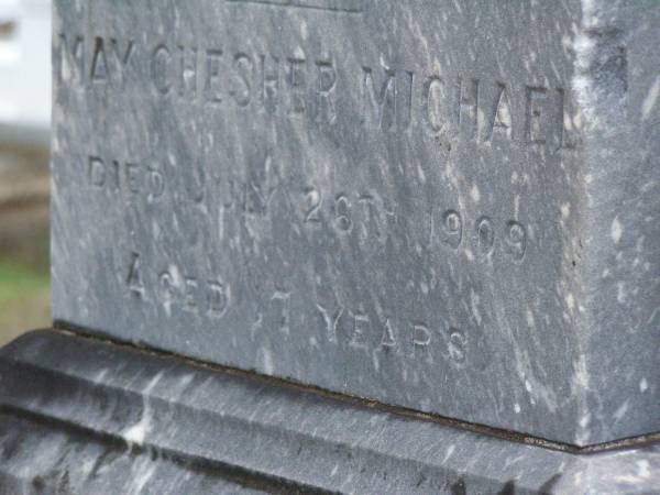 Henry Tanner MICHAEL,  | died 24 July 1909 aged 27 years;  | Caroline Maria MICHAEL,  | died 2 June 1906 aged 10 years;  | May Chesher MICHAEL,  | died 26 July 1909 aged 17 years;  | Lawnton cemetery, Pine Rivers Shire  | 