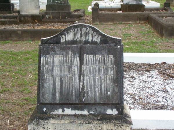 Louisa Christina FINK,  | died 23 May 1916 aged 52 years;  | Frederick FINK,  | died 28 Sept 1924 aged 83 years;  | Lawnton cemetery, Pine Rivers Shire  | 