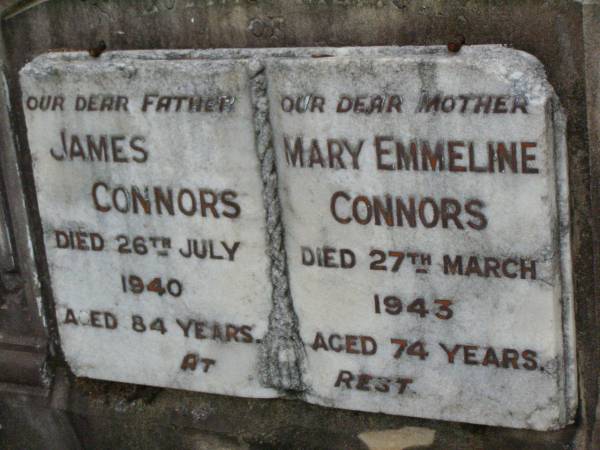 James CONNORS,  | father,  | died 26 July 1940 aged 84 years;  | Mary Emmeline CONNORS,  | mother,  | died 27 March 1943 aged 74 years;  | Lawnton cemetery, Pine Rivers Shire  | 