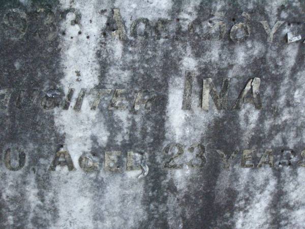 Emilie W. CLAY  | died 18 Jan 1933 aged 58 years;  | Ina,  | daughter,  | died March 1930 aged 23 years;  | Lawnton cemetery, Pine Rivers Shire  | 