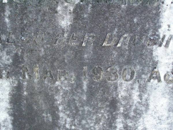 Emilie W. CLAY  | died 18 Jan 1933 aged 58 years;  | Ina,  | daughter,  | died March 1930 aged 23 years;  | Lawnton cemetery, Pine Rivers Shire  | 