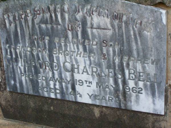 Guildord Charles BELL,  | son grandson brother nephew,  | died 19 May 1962 aged 14 1/2 years;  | Lawnton cemetery, Pine Rivers Shire  | 