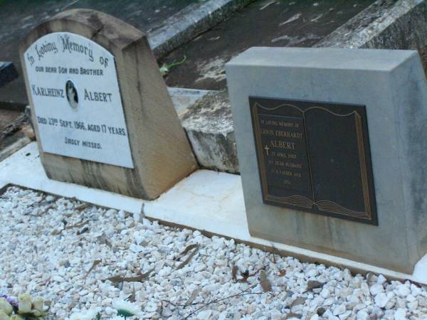 Karlheinz ALBERT,  | son brother,  | died 23 Sept 1966 aged 17 years;  | Erwin Eberhardt ALBERT,  | died 25 April 2003,  | husband father opa;  | Lawnton cemetery, Pine Rivers Shire  | 