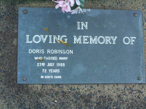 Robert Barry ROBINSON,  | 9-4-46 - 4-2-65,  | son brother,  | remembered mum, dad, John & Ross;  | Doris ROBINSON,  | died 23 July 1988 aged 72 years;  | Walter Henry E. ROBINSON,  | brother,  | 2-5-1912 - 9-4-1989;  | Lawnton cemetery, Pine Rivers Shire  | 