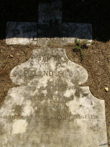 Leslie,  | son of Copeland SPODE,  | died 7 Jan 1901 aged 29 years;  | Lawnton cemetery, Pine Rivers Shire  | 
