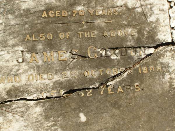 Elizabeth Wallet,  | wife of James GORDON  | died 5 July 1894 aged 70 years;  | James GORDON,  | died 2 Oct 1898 aged 82? years;  | Lawnton cemetery, Pine Rivers Shire  | 