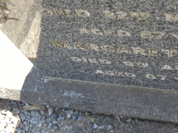 Henry WHITE,  | died 22 May 1961 aged 87 years;  | Margaret WHITE,  | died 9 Aug 1967 aged 87 years;  | Lawnton cemetery, Pine Rivers Shire  | 