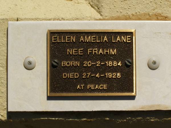 Ellen Amelia LANE (nee FRAHM),  | mum,  | born 20-2-1884,  | died 27-4-1928;  | Lawnton cemetery, Pine Rivers Shire  | 