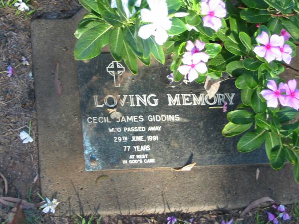 Cecil James GIDDINS,  | died 29 June 1991 aged 77 years;  | Lawnton cemetery, Pine Rivers Shire  | 