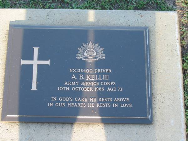 A.B. KELLIE,  | died 10 Oct 1986 aged 73 years;  | Lawnton cemetery, Pine Rivers Shire  | 